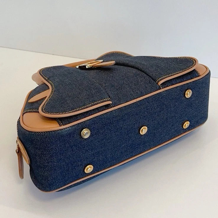 Christian Dior Denim Bowling Bag Top Handle Bag Blue Brown Women Fashion