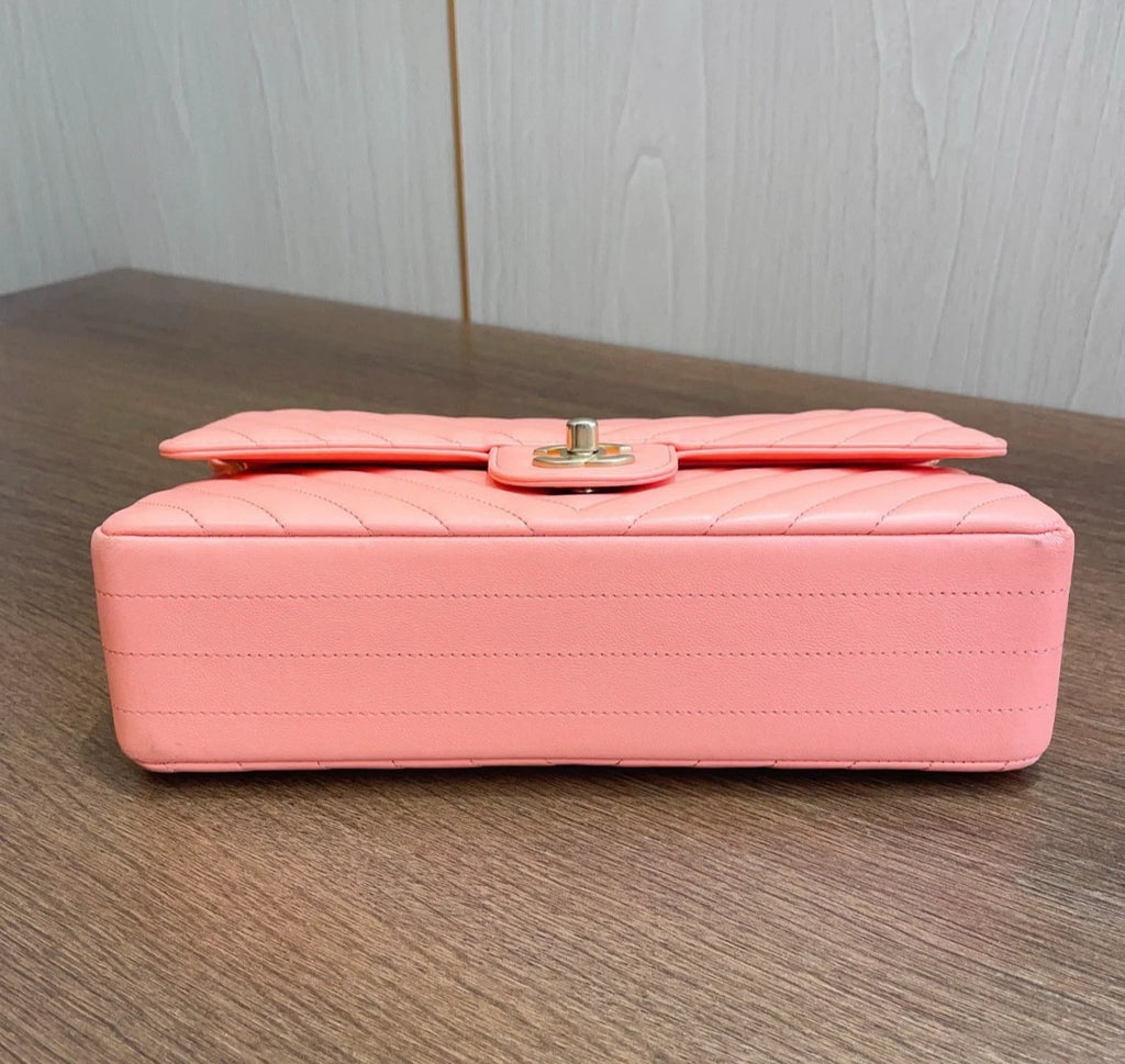 Chanel Classic Flap Chevron Calfskin Turn Lock Shoulder Bag Pink Women