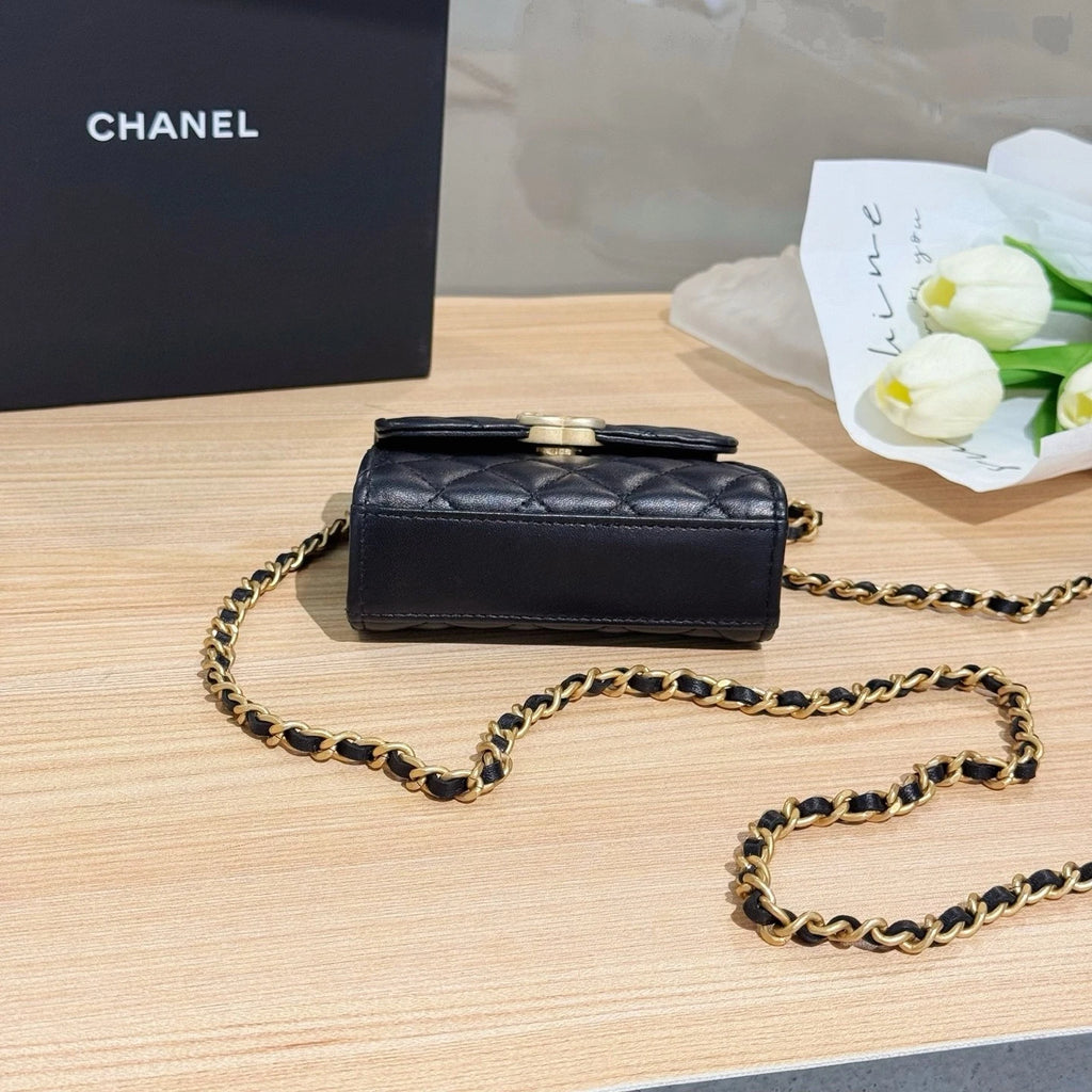CHANEL Leather Black Gold Kelly Mini Top Handle Bag For Women