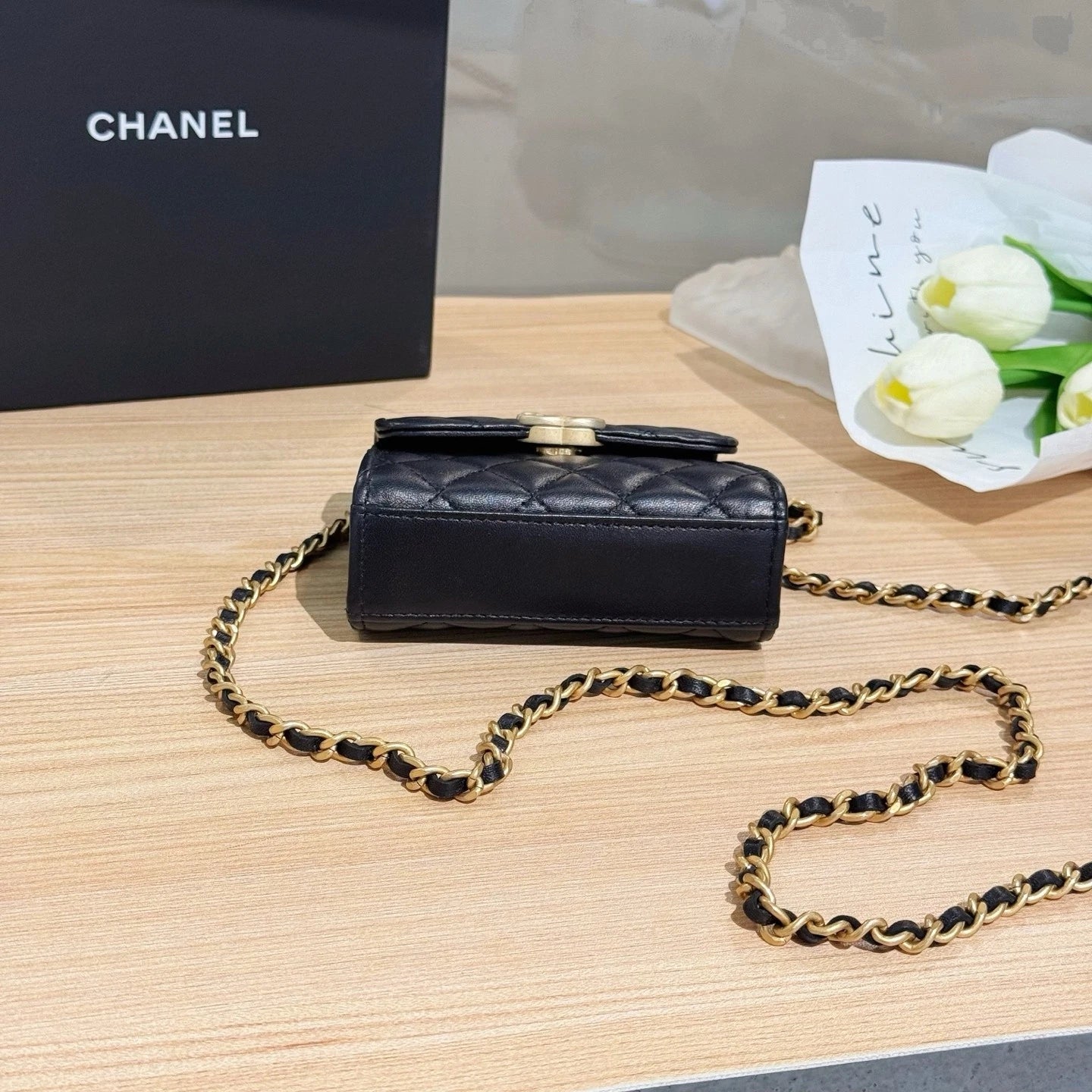CHANEL Leather Black Gold Kelly Mini Top Handle Bag For Women