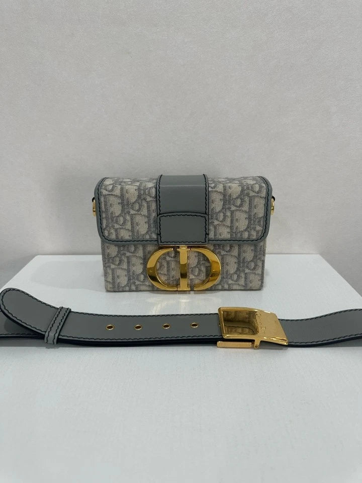 Authentic Dior Montaigne 30 Mini Gray Oblique Canvas Box Bag Women