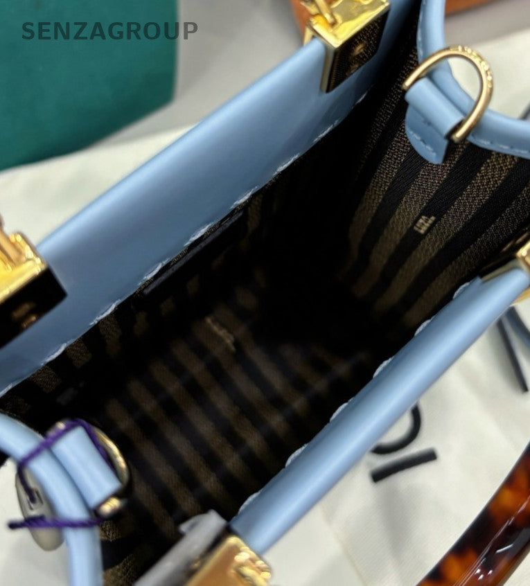 Fendi Sunshine Mini Tote Calfskin Crossbody Blue Gold Women Classic