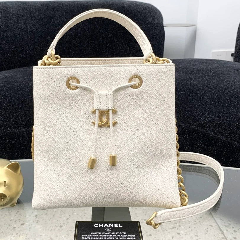 Chanel Calfskin Bucket Chain Shoulder Bag Crossbody White Gold Diamond S