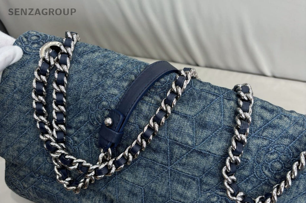 Chanel Classic Flap Denim Chain Shoulder Bag Blue Silver Women Designer
