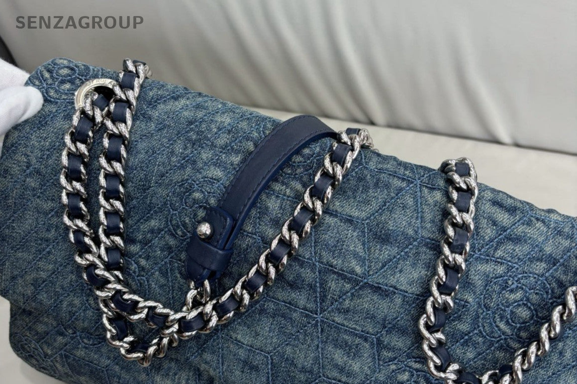 Chanel Classic Flap Denim Chain Shoulder Bag Blue Silver Women Designer