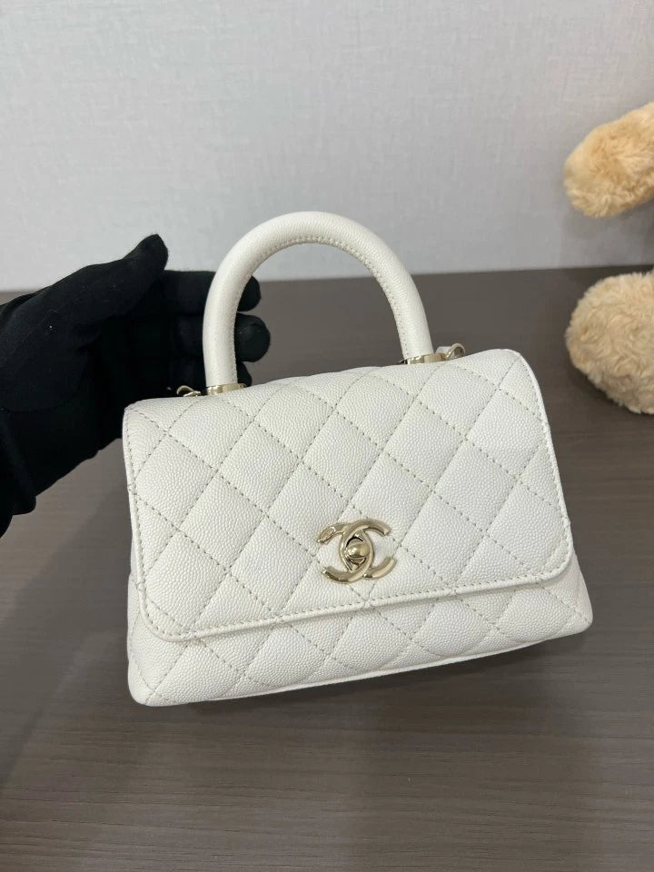 CHANEL White Leather Mini Coco Handle Bag For Women