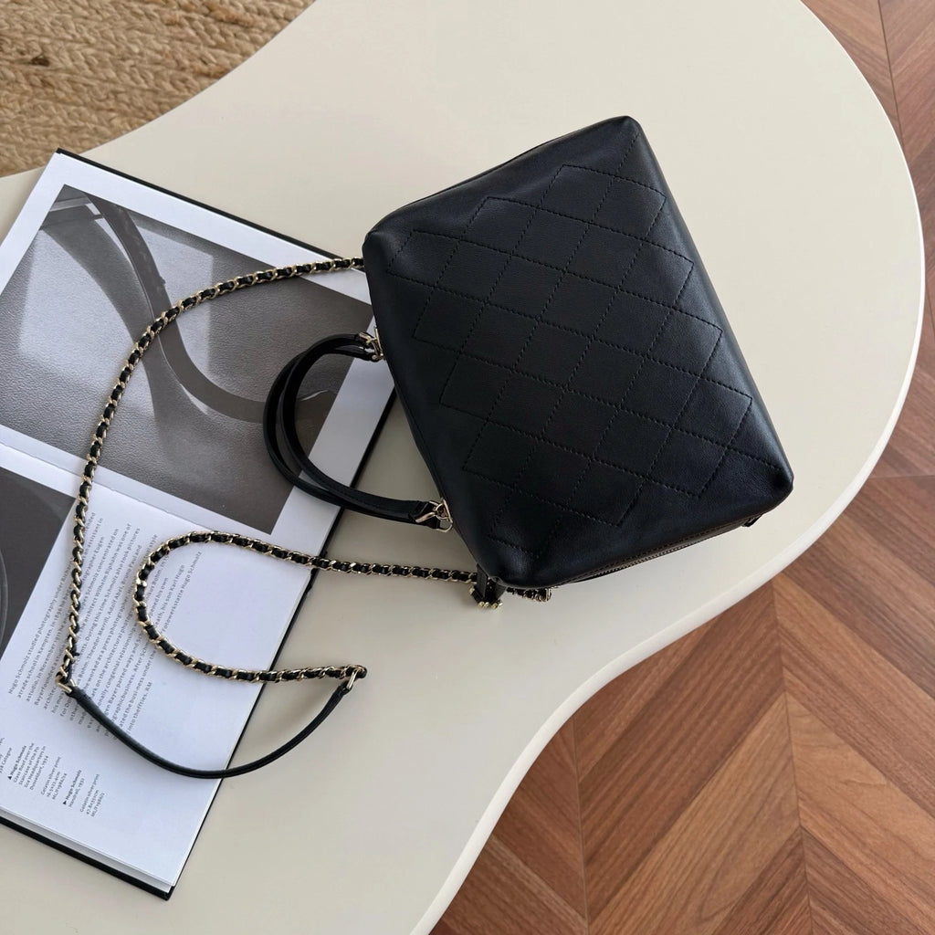 Chanel Bowling Calfskin Top Handle Chain Crossbody Black Gold Classic Women
