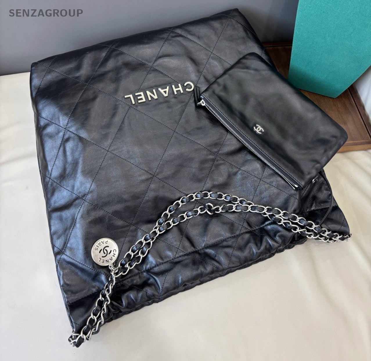 Chanel 22Bag GM Chain Shoulder Bag Crossbody Black Silver Diamond Women Classic