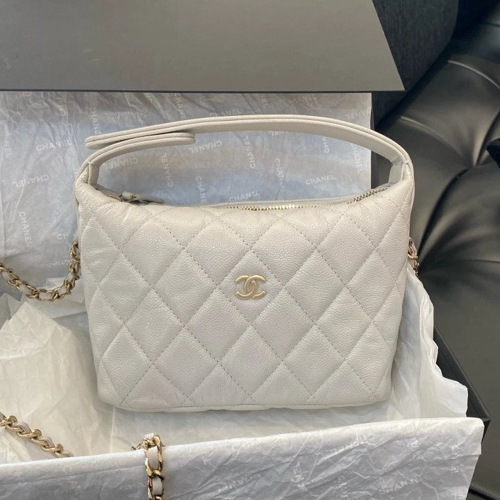 Chanel Calfskin Hobo Top Handle Bag Chain Crossbody White Gold Diamond Women D