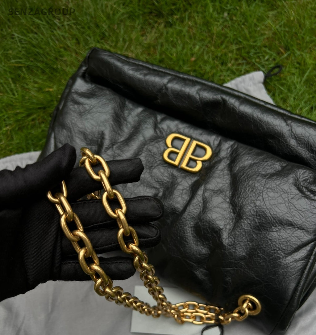 Balenciaga Monaco BB Logo Chain Arena Calfskin Shoulder bag Black Gold Brand NEW