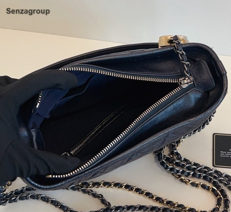 Chanel Gabrielle PM Top Handle Chain Shoulder Bag Crossbody Navy Gold Women