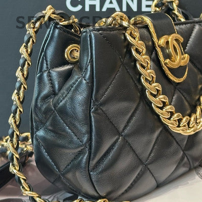 Chanel Black Gold Lamb Skin Hobo Chain Shoulder Bag Mini Women