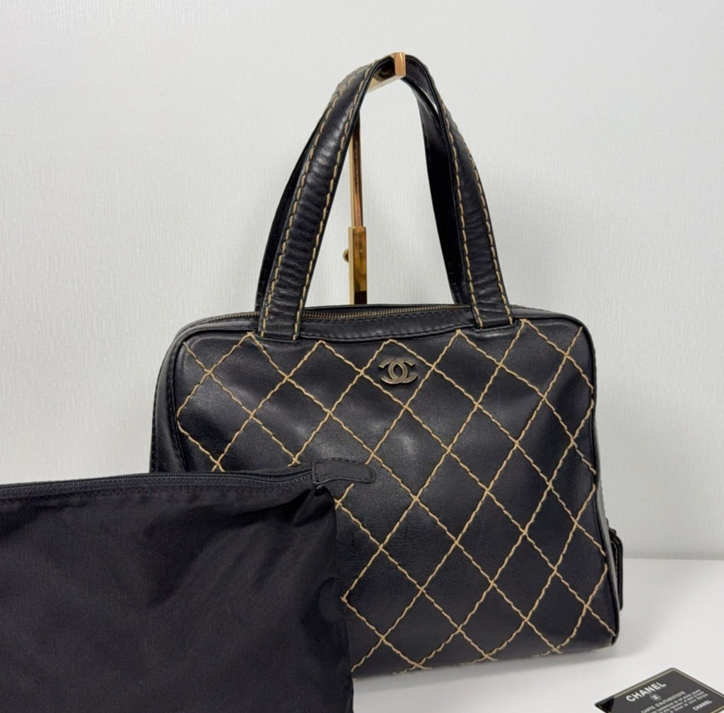 Chanel Diamond Vintage Top Handle Bag Black Silver Used Women Classic