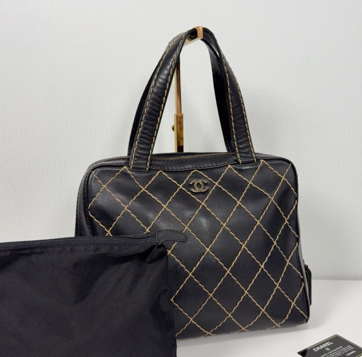 Chanel Diamond Vintage Top Handle Bag Black Silver Used Women Classic