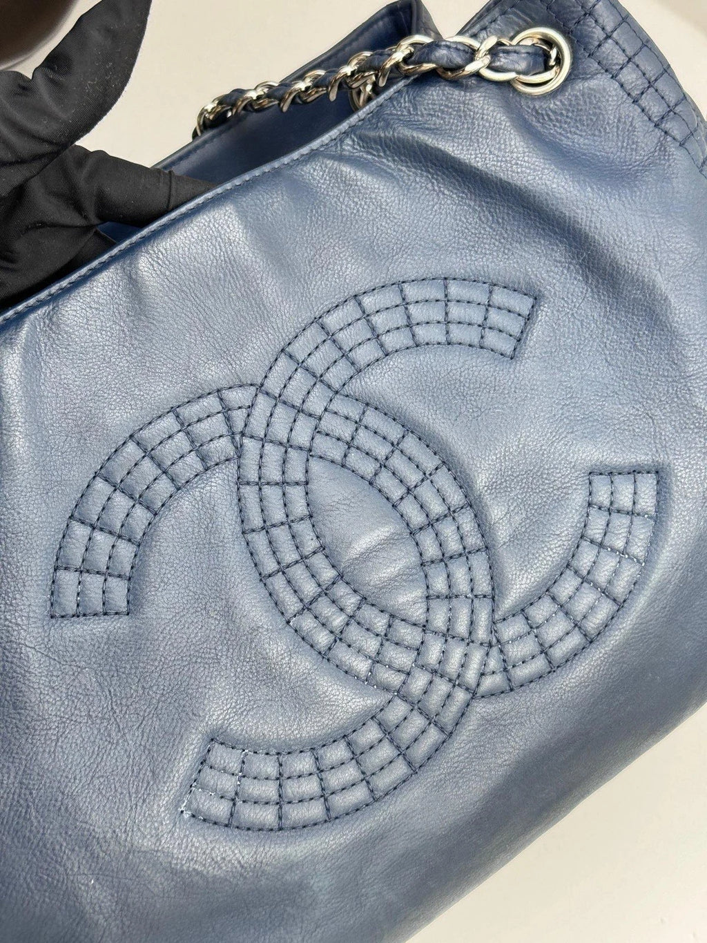 Authentic Chanel CC Logo Silver Chain Blue Tote Shoulder Bag