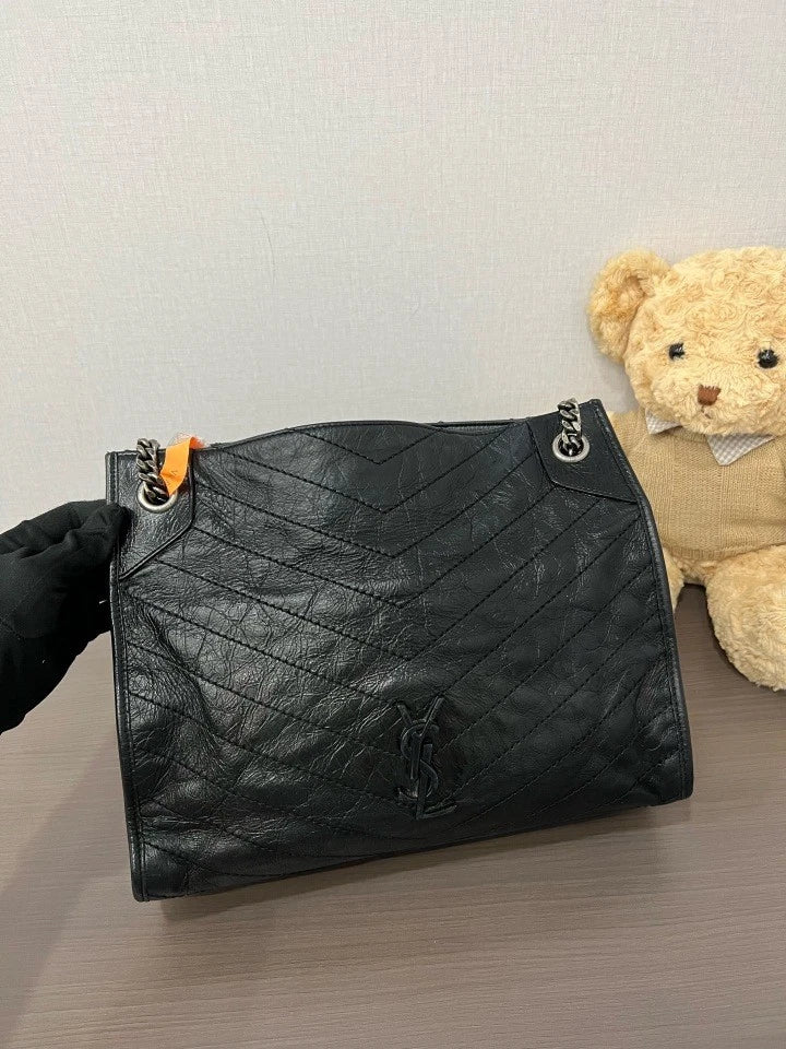 YSL Black Silver Leather Shopping Tote Bag For Women
