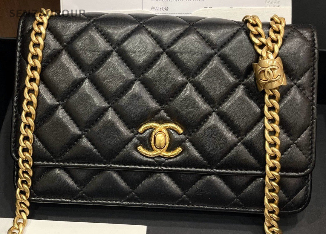 Chanel WOC Lambskin Chain Shoulder Bag Crossbody Black Gold Women