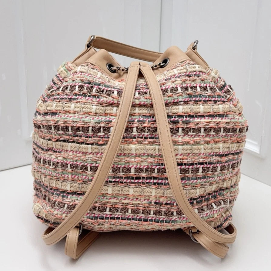 Chanel Tweed Knitting Drawstring Bucket Backpack Handbag Pink Silver Hardware