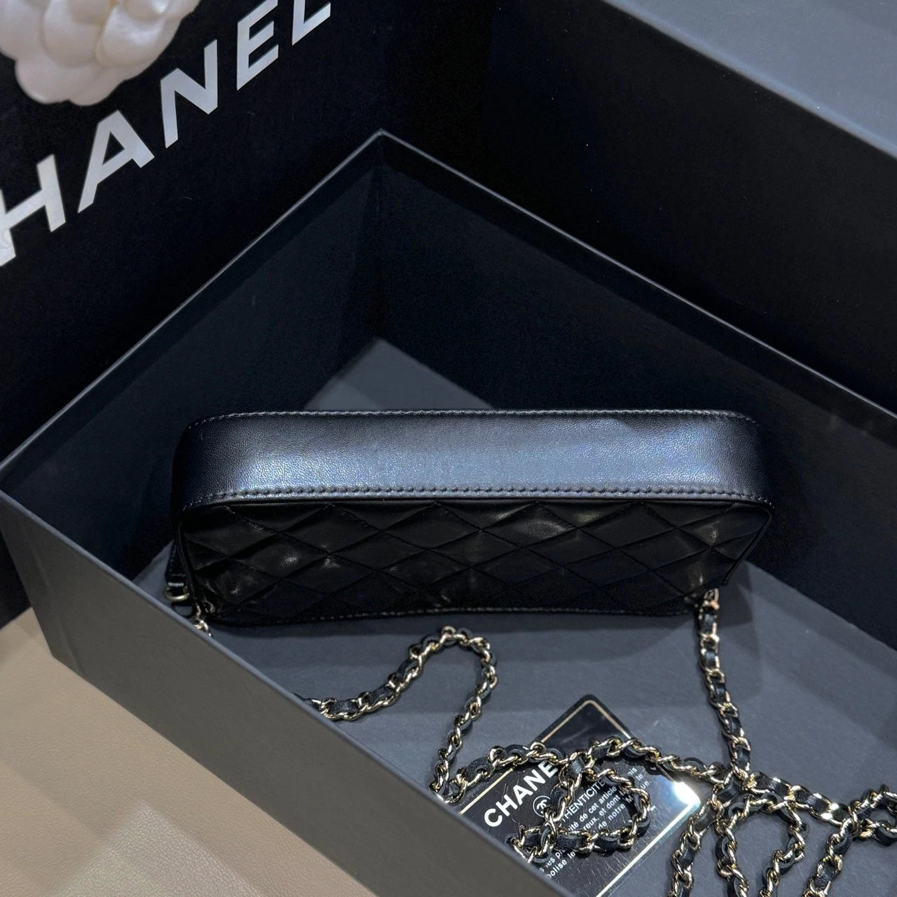 CHANEL Black Gold Camellia Badge WOC Crossbody Bag For Women
