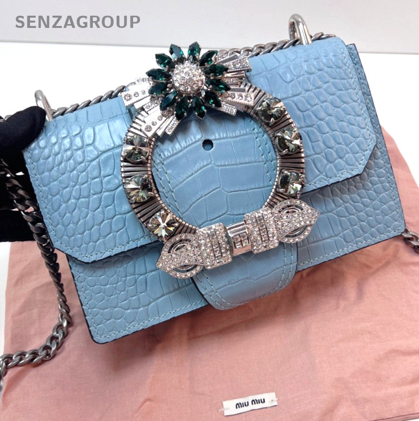 Miumiu miulady Clafskin Water Blue crystal Chain Strap Shoulder bag Brand NEW