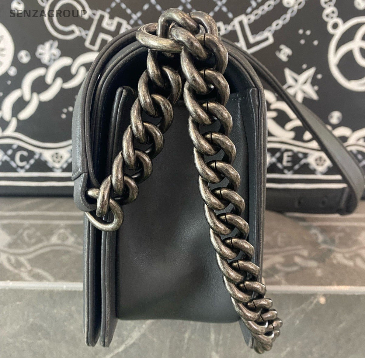 Chanel Leboy MM Calfskin Chain Shoulder Bag Crossbody Gray Silver Women Classic