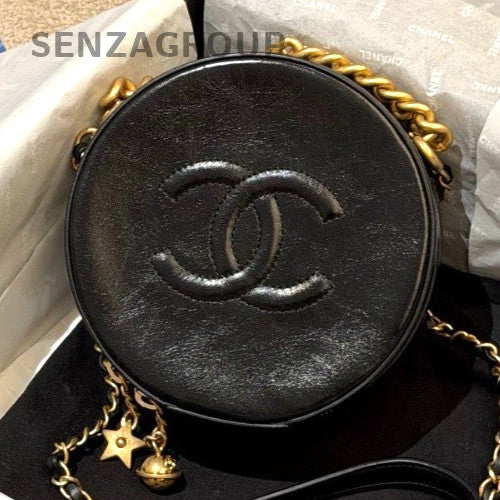 Chanel CC Logo Calfskin Chain Top Handle Bag Crossbody Black Gold Women Classic