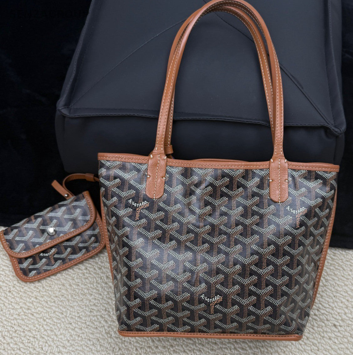 Goyard Leather Monogram Tote Top Handle Shoulder Bag with Pouch Women Brown.