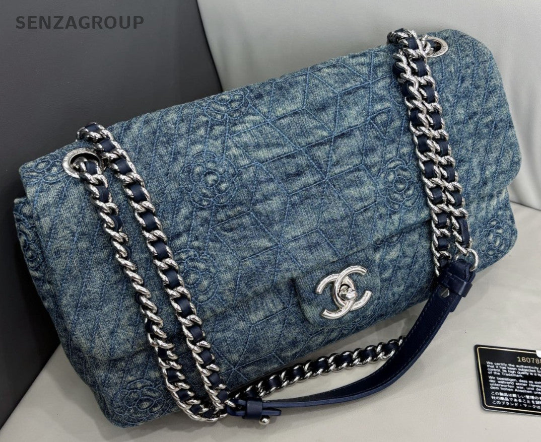 Chanel Classic Flap Denim Chain Shoulder Bag Blue Silver Women Designer