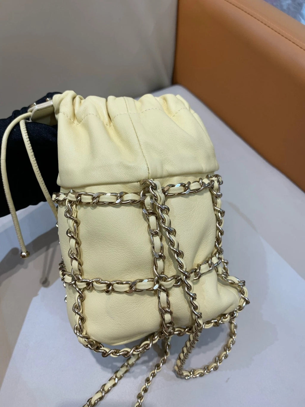 CHANEL Women Yellow Drawstring Bucket Chain Crossbody Bag