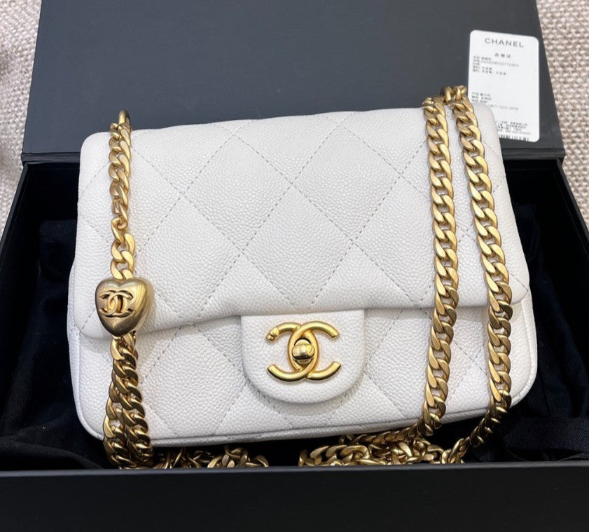 Chanel Classic Flap Calfskin Chain Shoulder Bag Crossbody White Gold Women