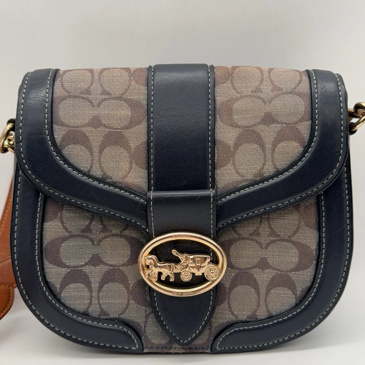 Coach Navy Signature Canvas Saddle Shoulder Crossbody Bag For Women