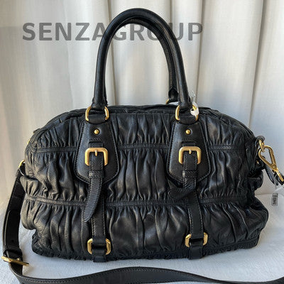 Prada Black Gold Leather Boston Bag Classic Women's Handbag Shoulder Tote