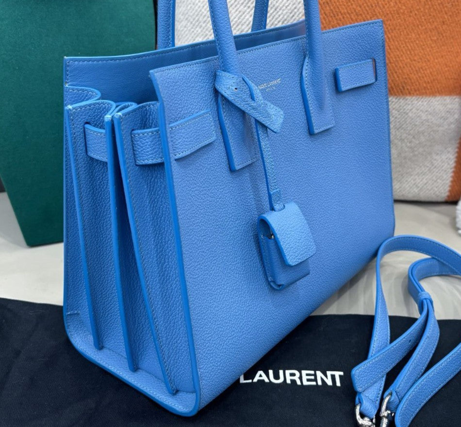 Saint Laurent Calfskin Tote Top Handle Bag Crossbody Blue Silver Women Classic