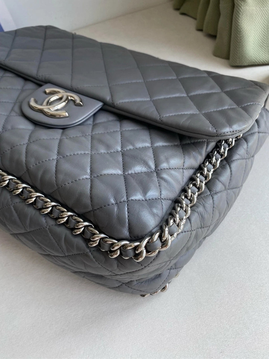 CHANEL Gray Silver Trim Chain Airport Tote Bag For Women