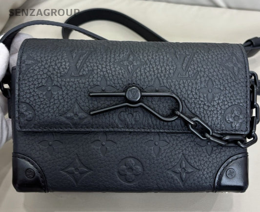 Louis Vuitton Steamer Embossed Full Leather Box Shoulder Crossbody Bag Black