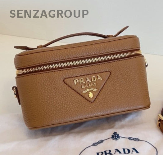 Prada Calfskin Leather 2Way Top Handle Bag Crossbody Brown Gold Women Classic