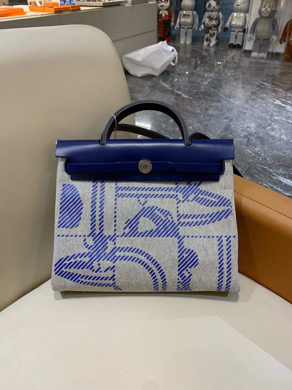 Hermes Herbag31 Canvas Tote Bag For Women Ink Blue Silver
