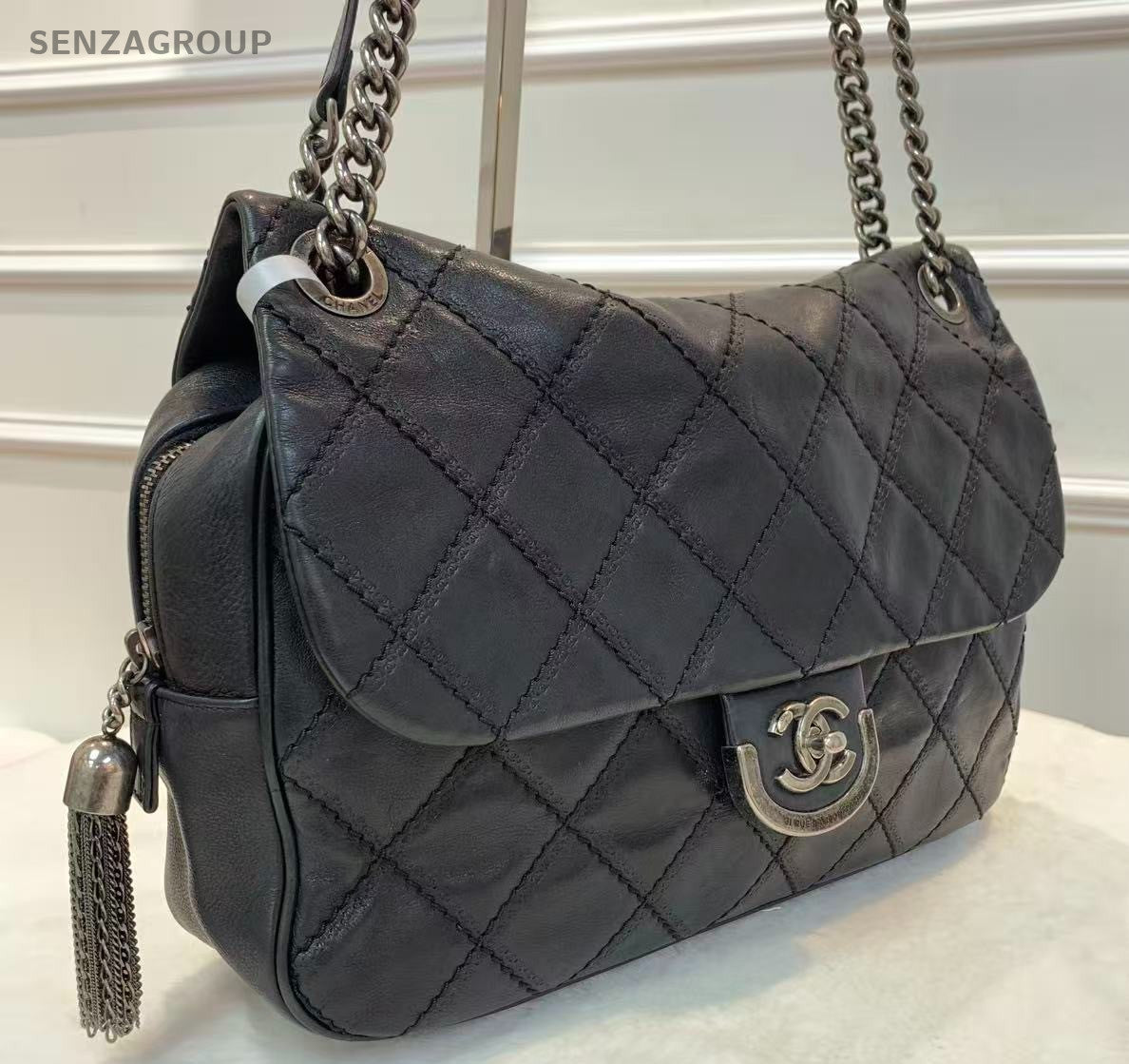 Chanel Edinburgh Calfskin Chain Shoulder Bag Diamond Black Silver Women Classic