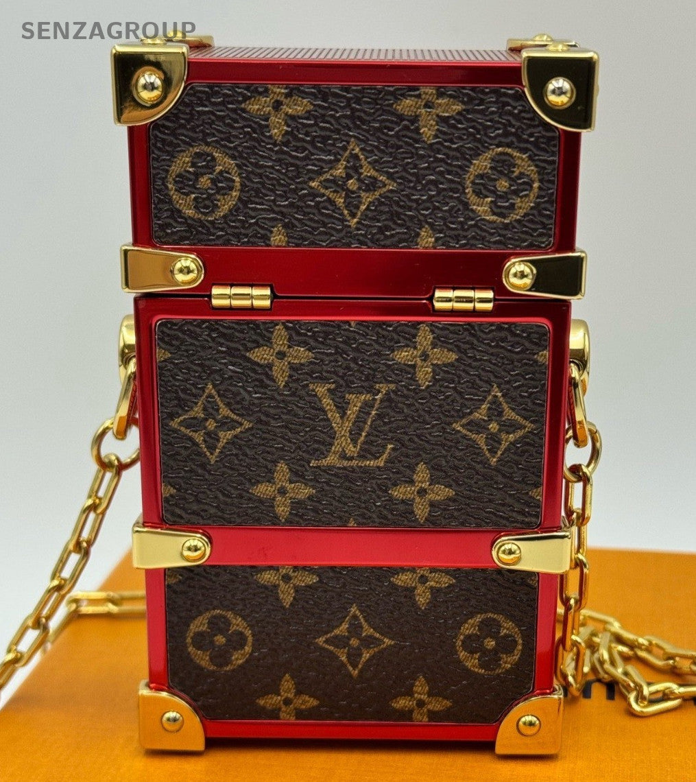 Louis Vuitton Monogram Chain Box Crossbody Brown Red Gold Used Women Fashion