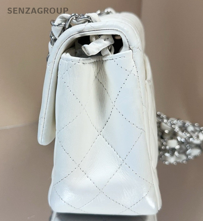 Chanel Classic Flap Lambskin Chain Shoulder Bag Crossbody White Silver Women