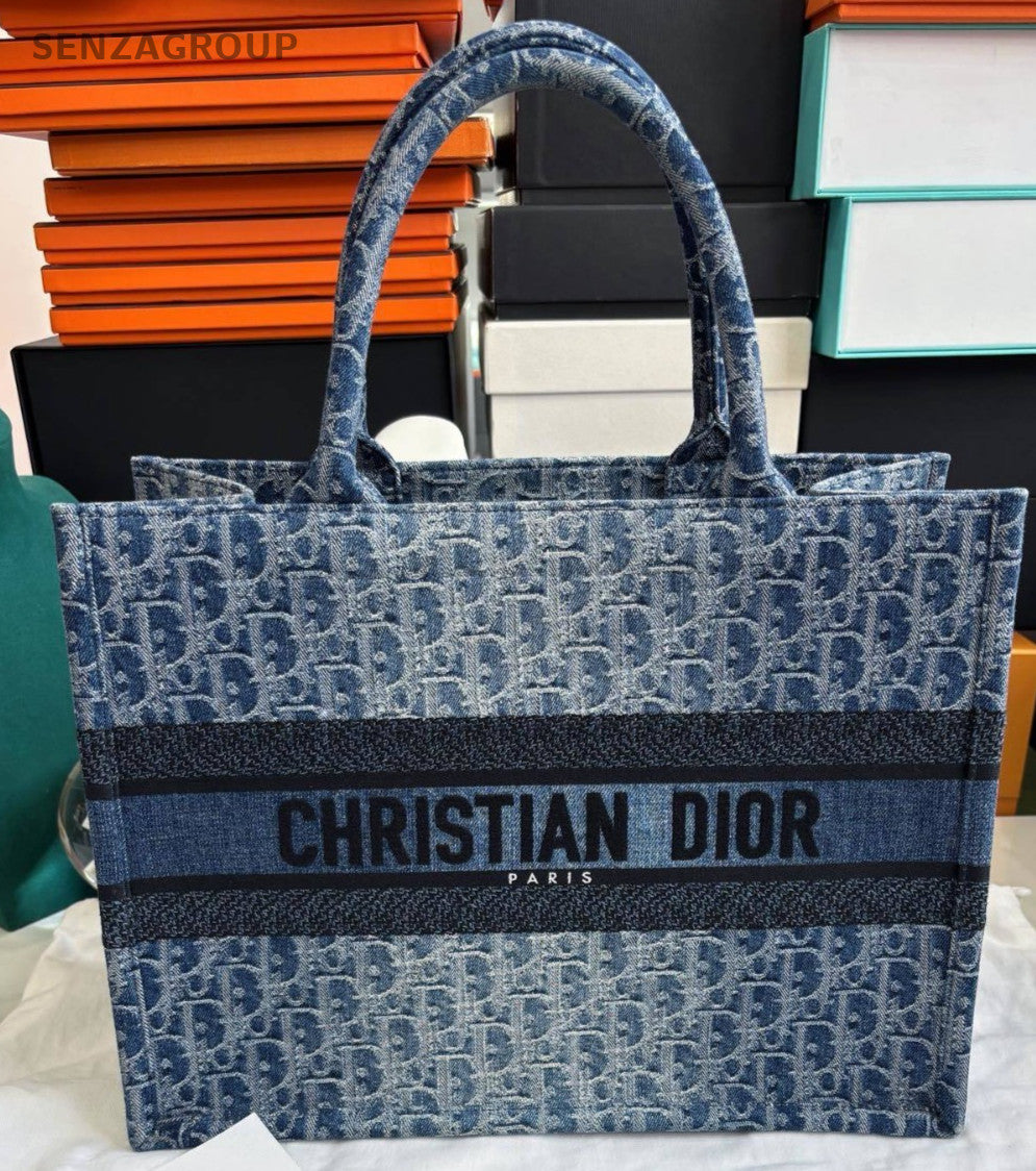 Christian Dior Book Tote MM Denim Oblique Top Handle Shoulder Bag Women Blue