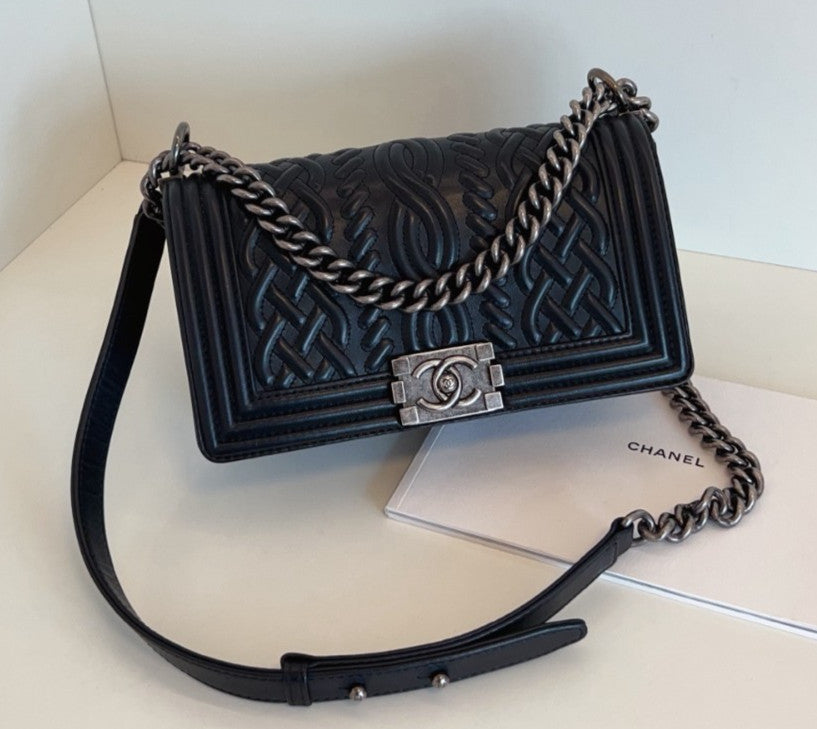 Chanel Leboy MM Chain Shoulder Bag Crossbody Black Silver Women Classic