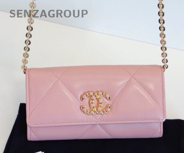Chanel 19Bag Diamond Long Wallet Chain Crossbody Pink Gold Used Women Classic