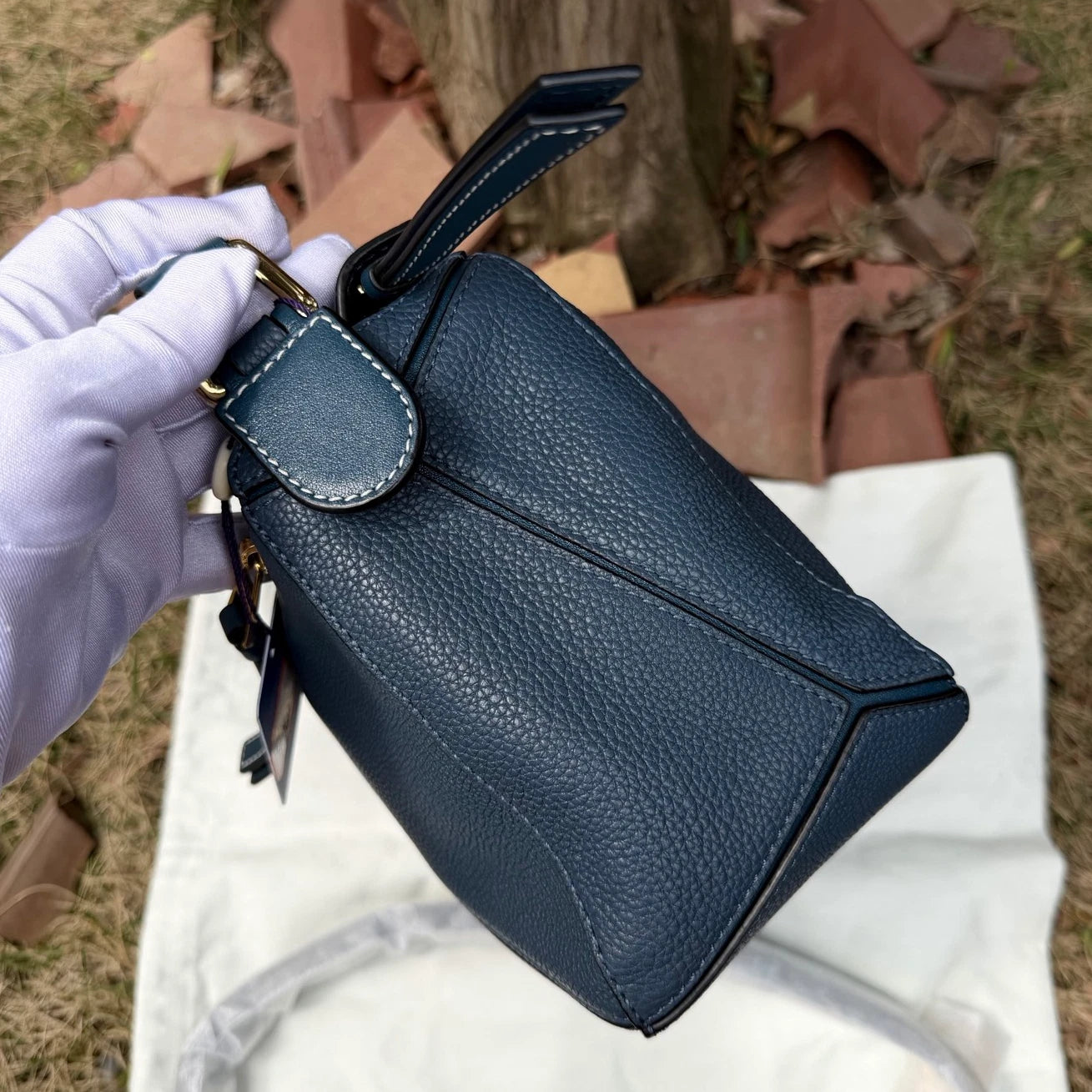 Loewe Puzzle PM Top Handle Crossbody Bag Blue Gold Women Classic