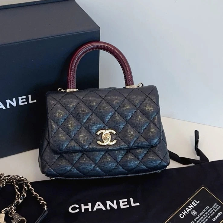Chanel Cocohandle Mini Chain Top Handle Shoulder Crossbody Black Gold Women