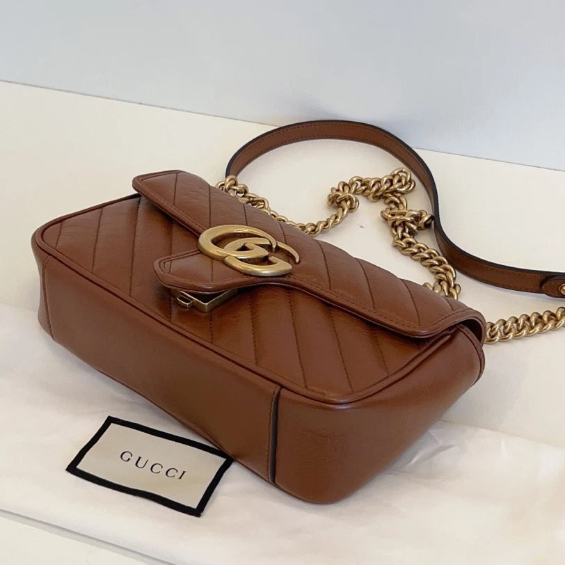 Gucci Marmont 22 Chain Shoulder Crossbody Bag Brown Gold Hardware Women