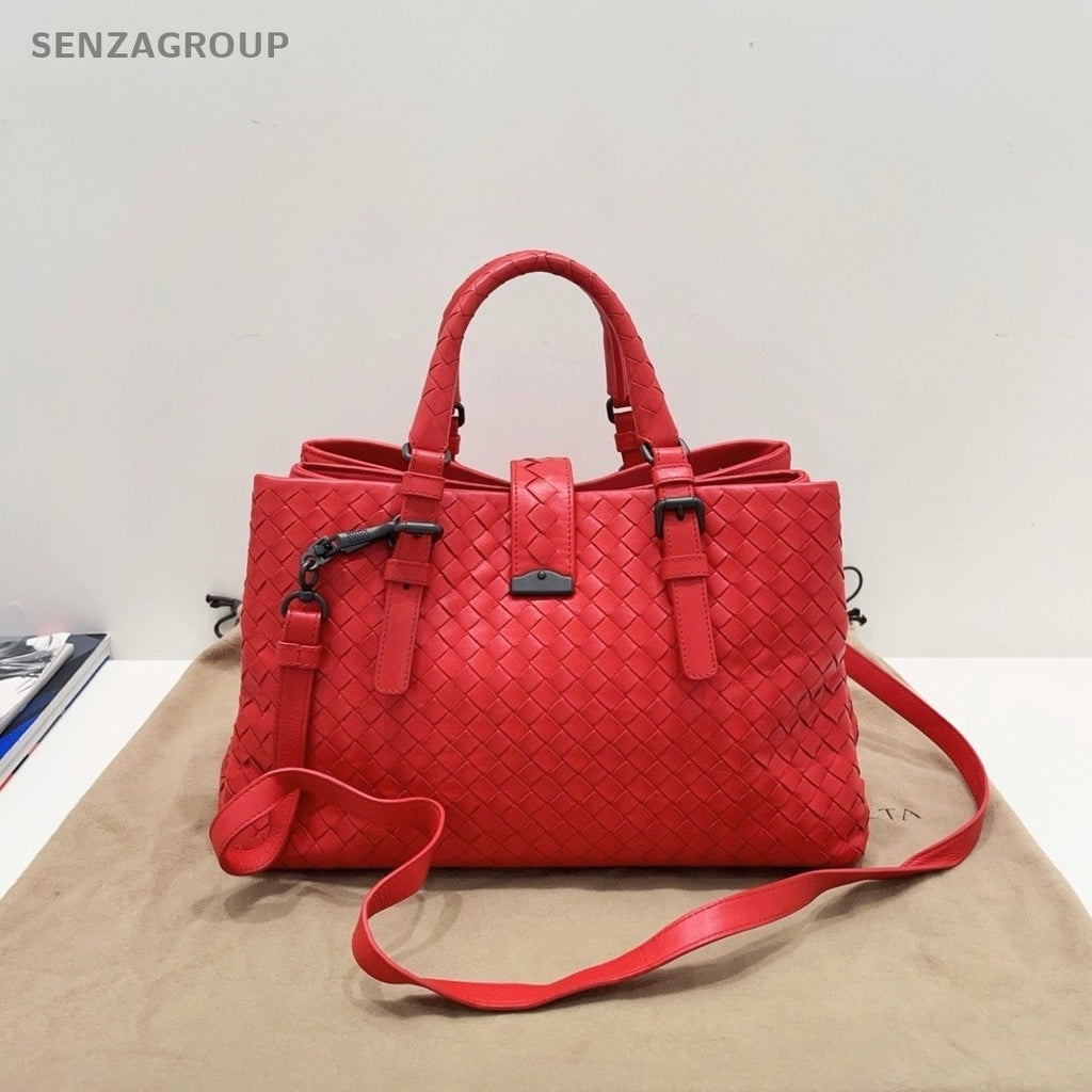 Bottega Veneta Roma PM Top Handle Shoulder Crossbody Bag Red Intrecciato Women