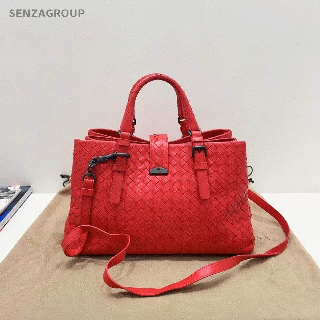 Bottega Veneta Roma PM Top Handle Shoulder Crossbody Bag Red Intrecciato Women