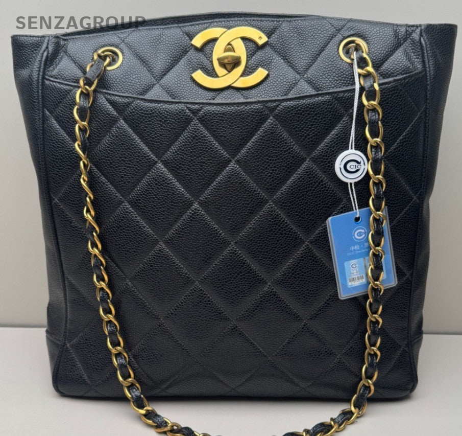 Chanel Vintage Music Score Litchi Peel Shoulder Crossbody Tote Black Women