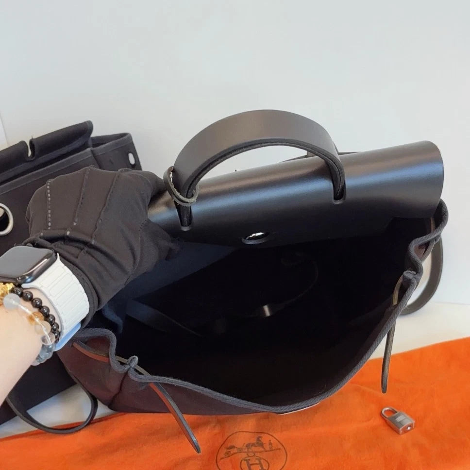 Hermes Herbag So Black Canvas Backpack Black Silver Unisex Adults Classic